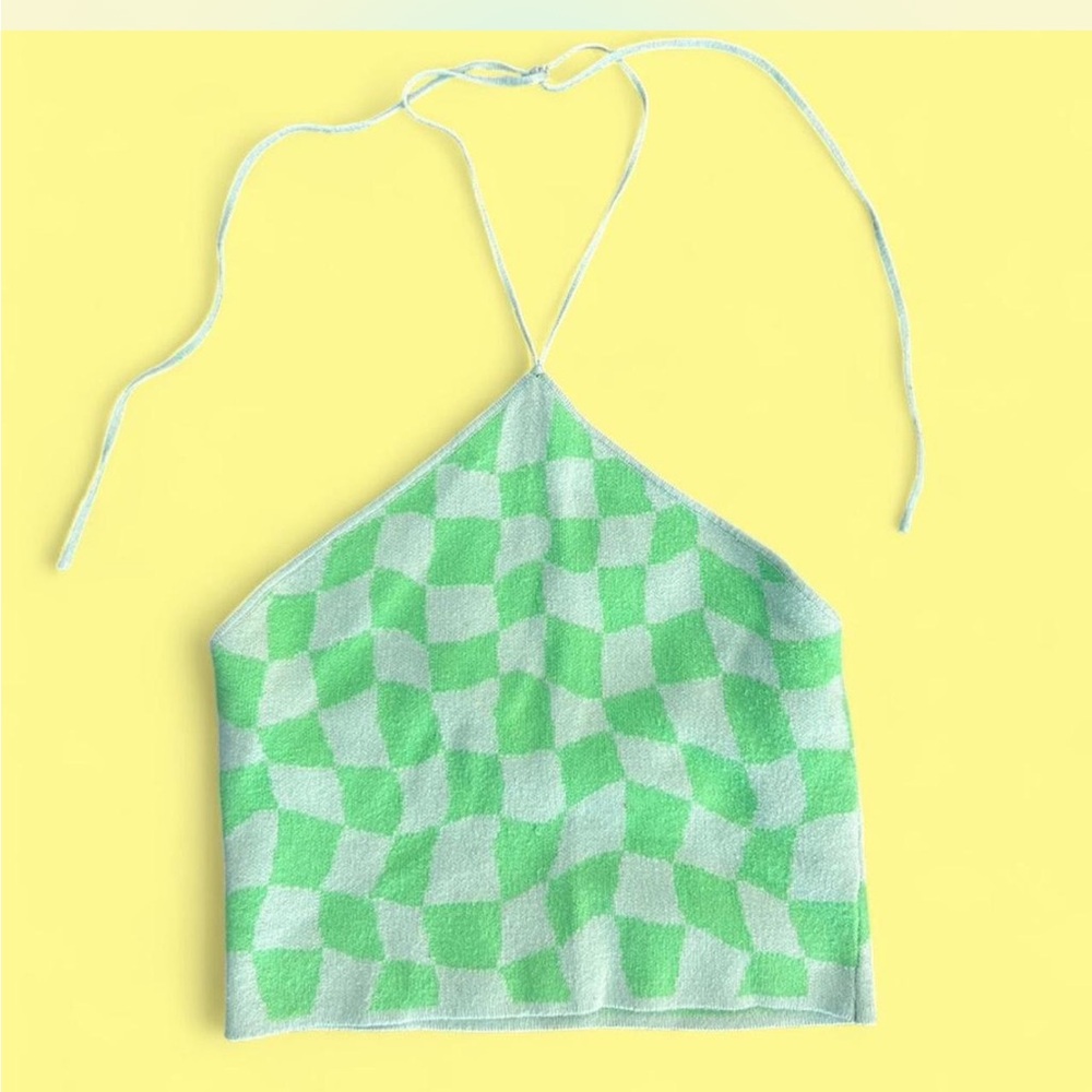 Green Checkered Halter Top Medium - image 1
